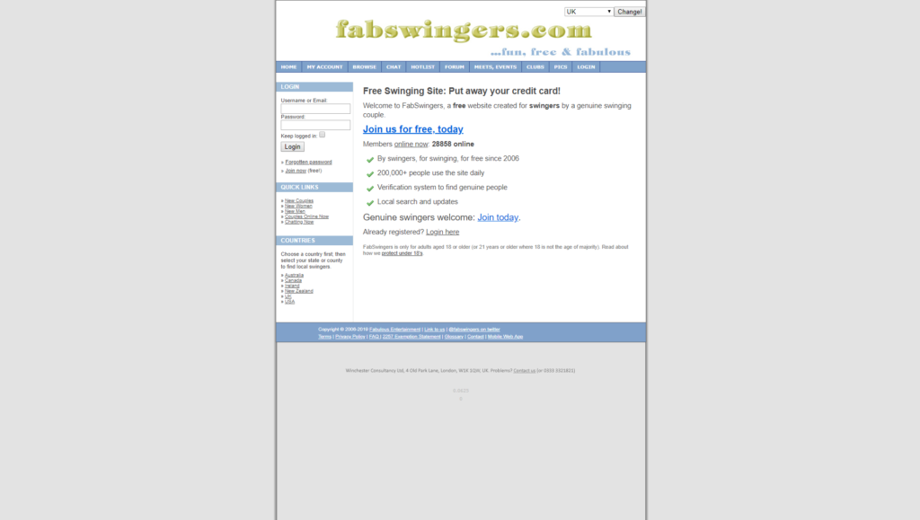 Homepage of FabSwingers dating